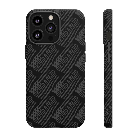 Rugged black protective phone case by Printify with a textured "TOUGH CASES" pattern on the surface.