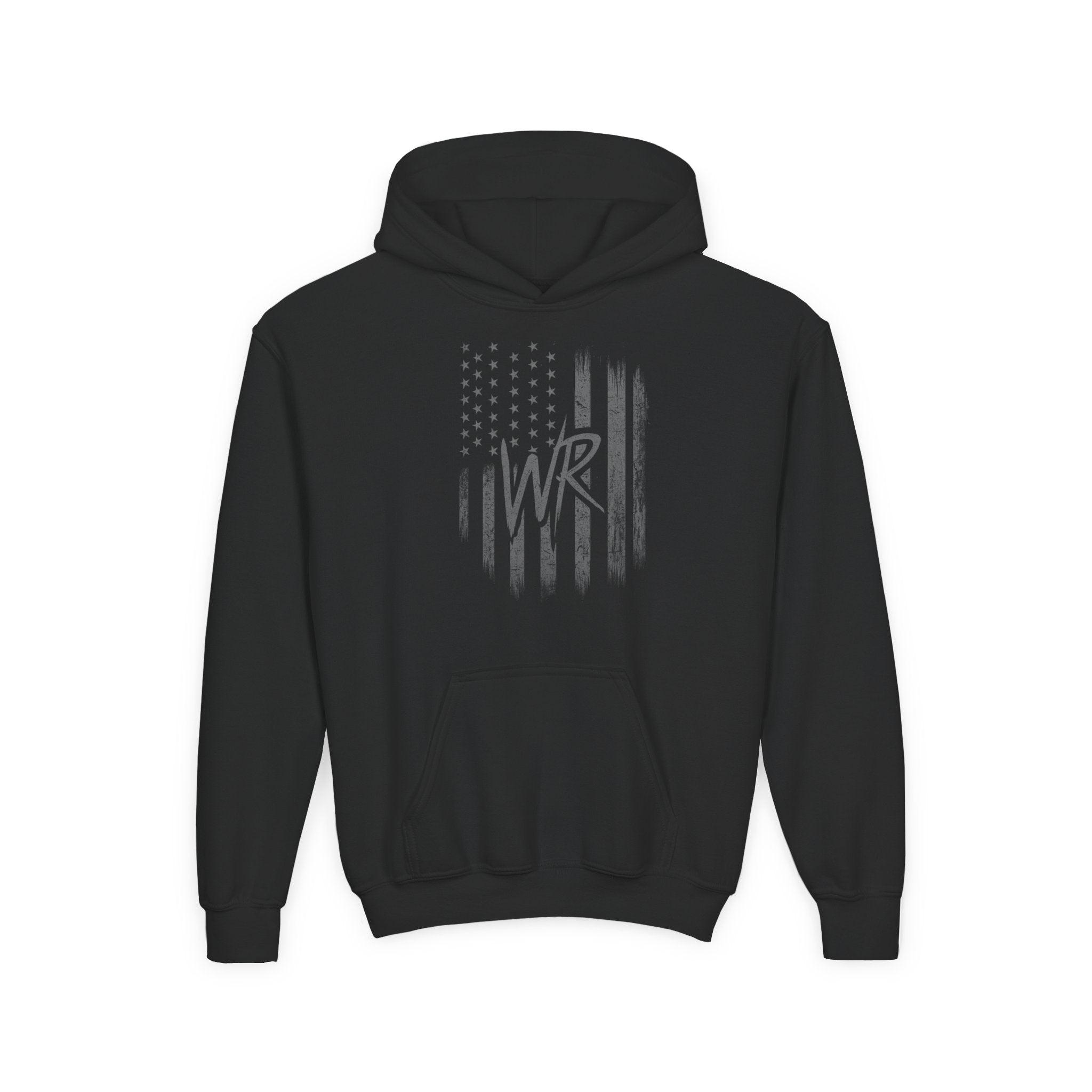 Youth Hoodie Distressed American Flag with Initials 'WR' - Wicked & Riled Clothing