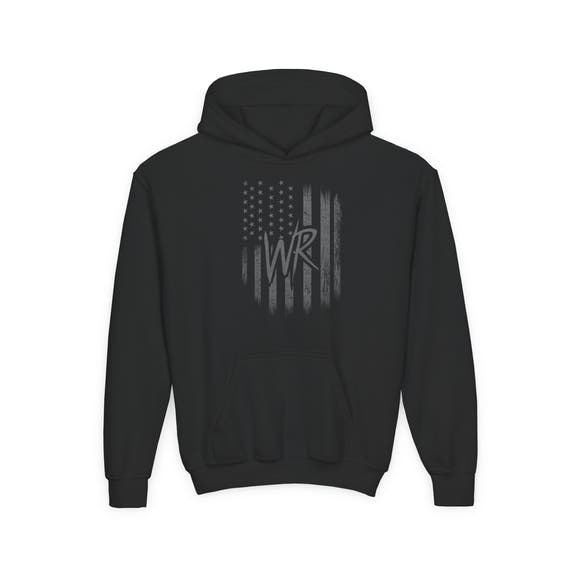Youth Hoodie Distressed American Flag with Initials 'WR' - Wicked & Riled Clothing