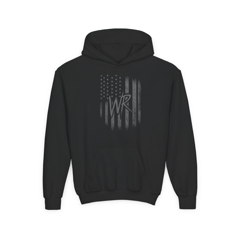 Youth Hoodie Distressed American Flag with Initials 'WR' - Wicked & Riled Clothing