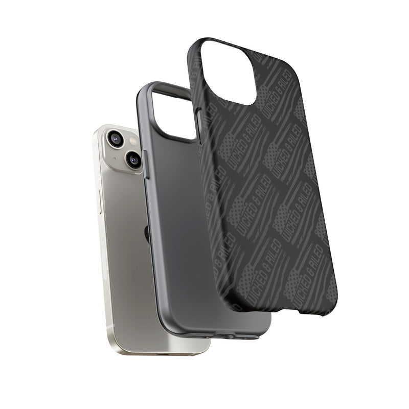 Rugged black protective phone case by Printify featuring a textured TOUGH CASES pattern for enhanced grip and durability.