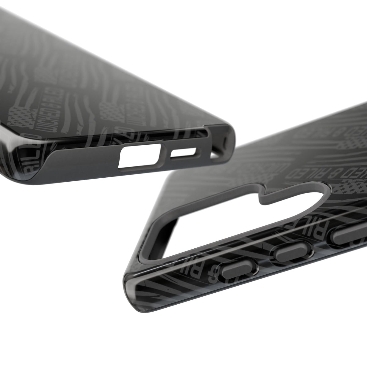 Rugged black protective phone case by Printify with a "TOUGH CASES" text pattern on a textured surface.