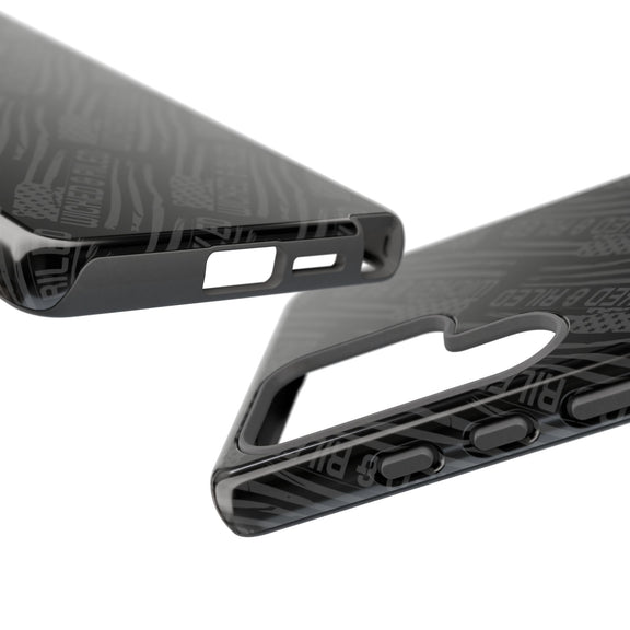 Rugged black protective phone case by Printify with a "TOUGH CASES" text pattern on a textured surface.