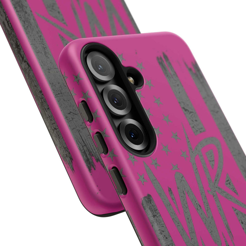 Pink 'WR' Flag Tough Phone Case by Printify, showcasing durable design and vibrant flag graphics on a sleek surface.