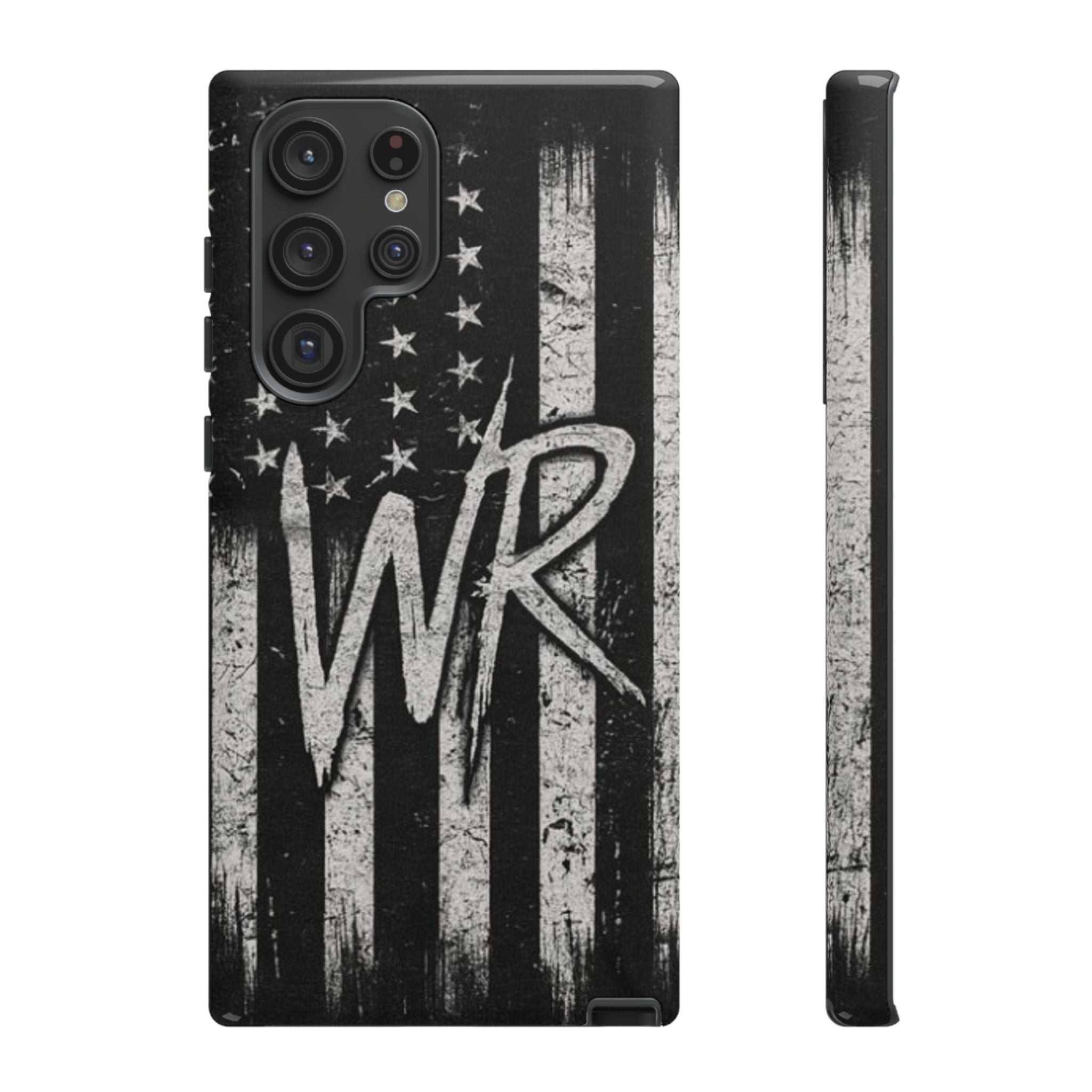 Distressed American flag phone case by Printify featuring a patriotic monogram with the letters WR.