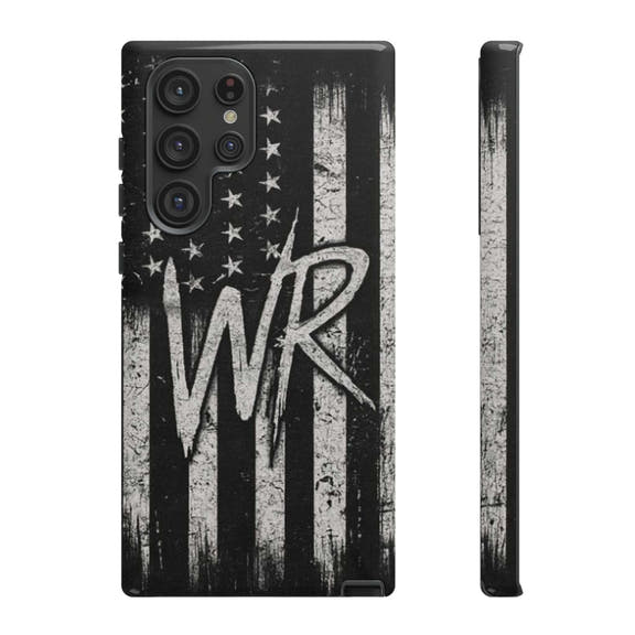 Distressed American flag phone case by Printify featuring a patriotic monogram with the letters WR.