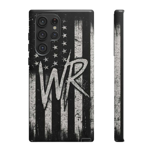 Distressed American flag phone case by Printify featuring a patriotic monogram with the letters WR.