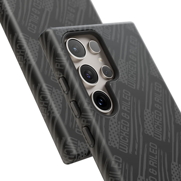 Rugged black protective phone case with a textured 'TOUGH CASES' pattern by Printify, designed for durability and style.