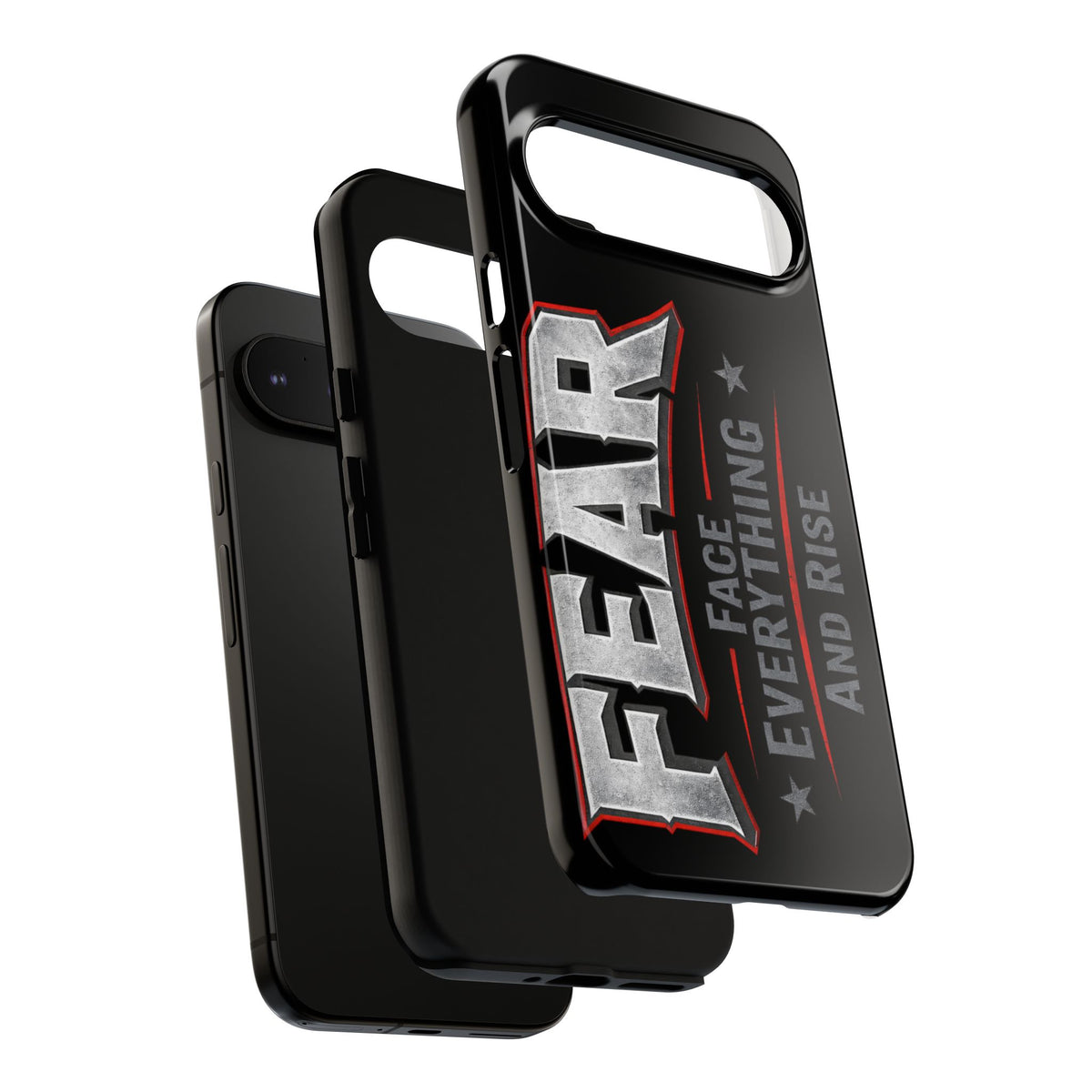 Fear phone case by Printify featuring a motivational design with "Face Everything and Rise" text on a sleek background.