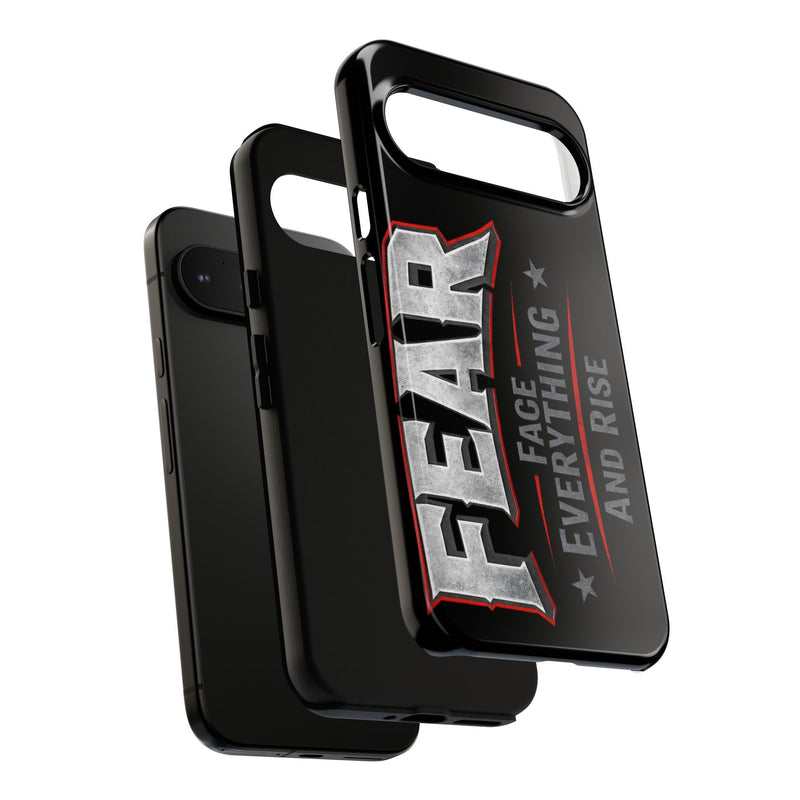 Fear phone case by Printify featuring a motivational design with "Face Everything and Rise" text on a sleek background.