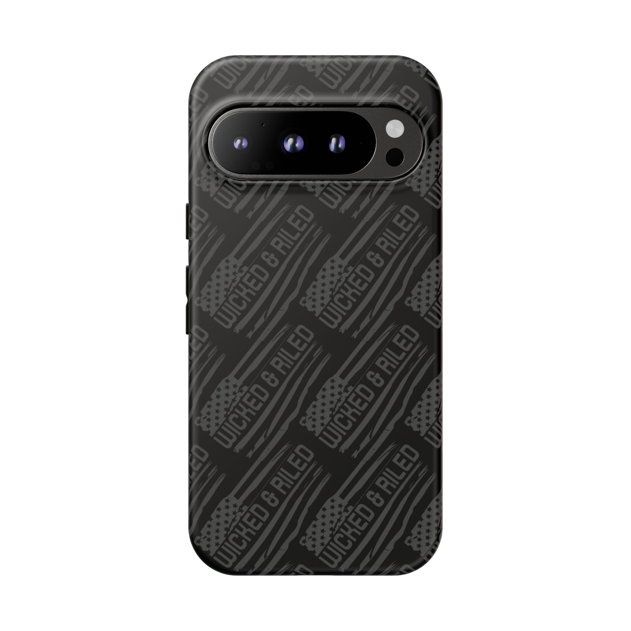 Rugged black protective phone case by Printify featuring a textured "TOUGH CASES" pattern.