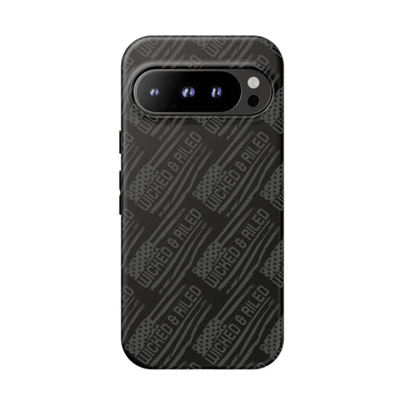 Rugged black protective phone case by Printify featuring a textured "TOUGH CASES" pattern.