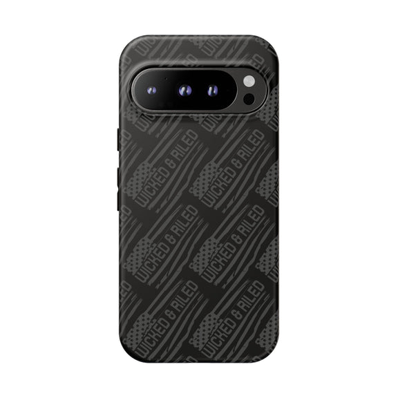 Rugged black protective phone case by Printify featuring a textured "TOUGH CASES" pattern.