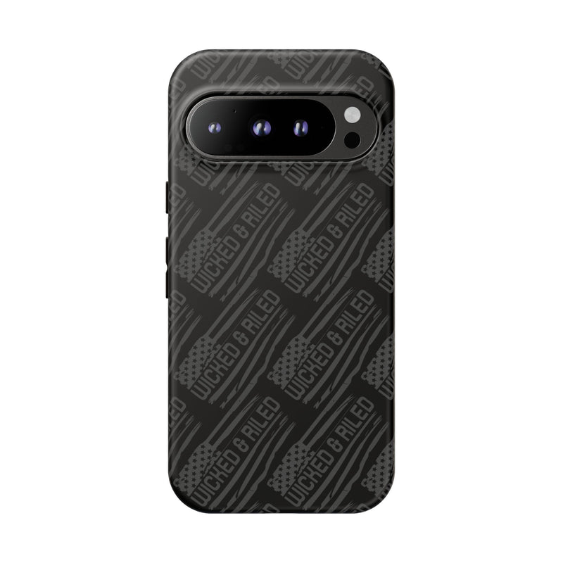 Rugged black protective phone case by Printify featuring a textured "TOUGH CASES" pattern.