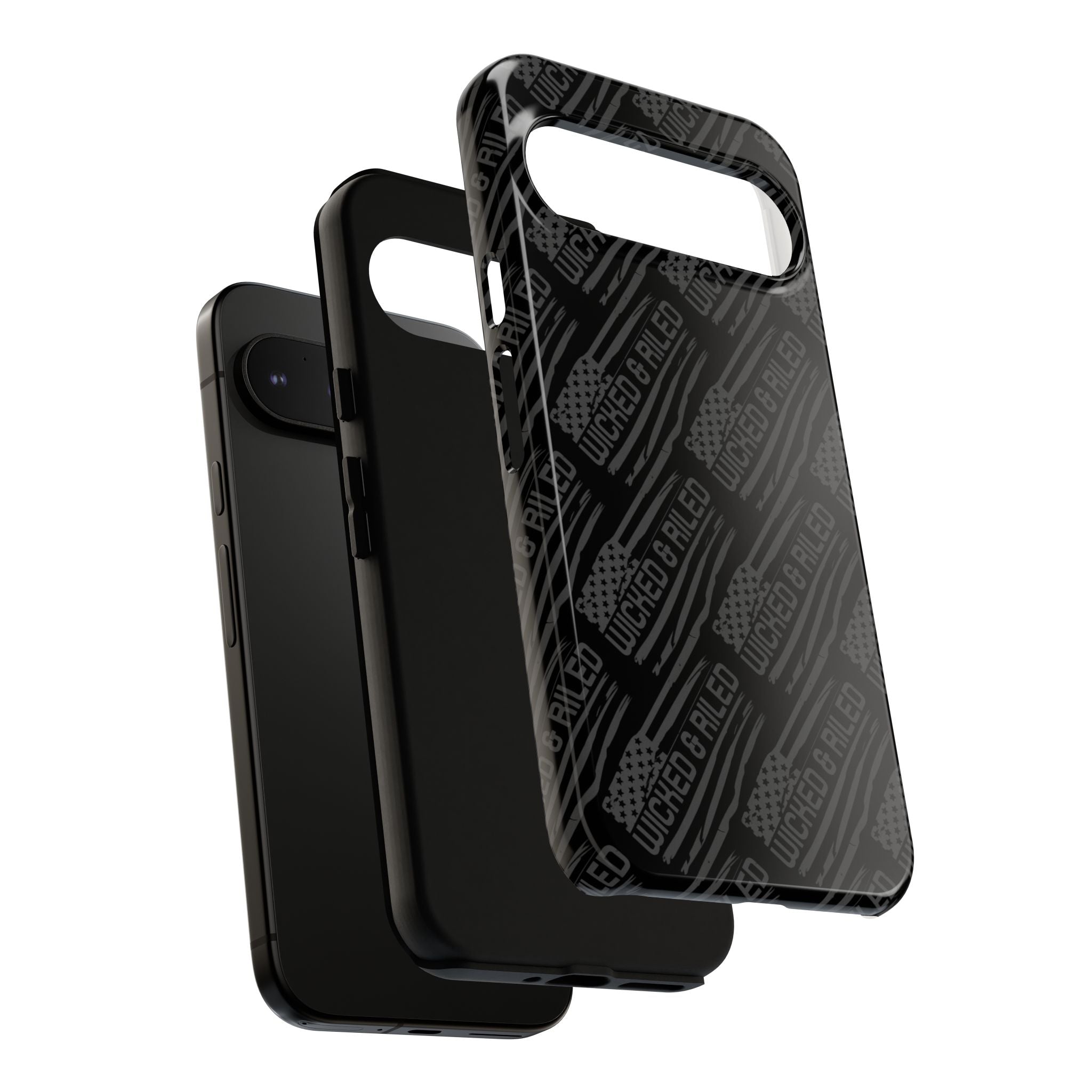 Rugged black protective phone case from Printify featuring a textured "TOUGH CASES" pattern design.