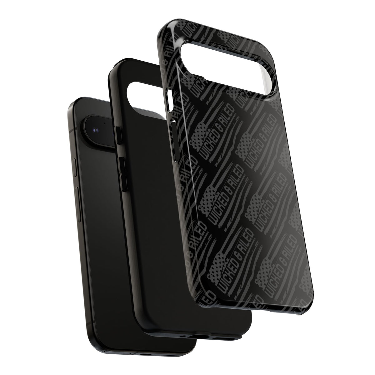 Rugged black protective phone case from Printify featuring a textured "TOUGH CASES" pattern design.