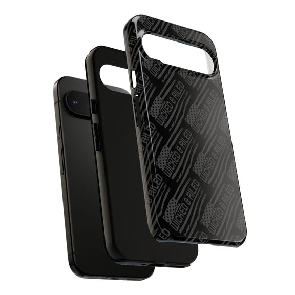 Rugged black protective phone case from Printify featuring a textured "TOUGH CASES" pattern design.