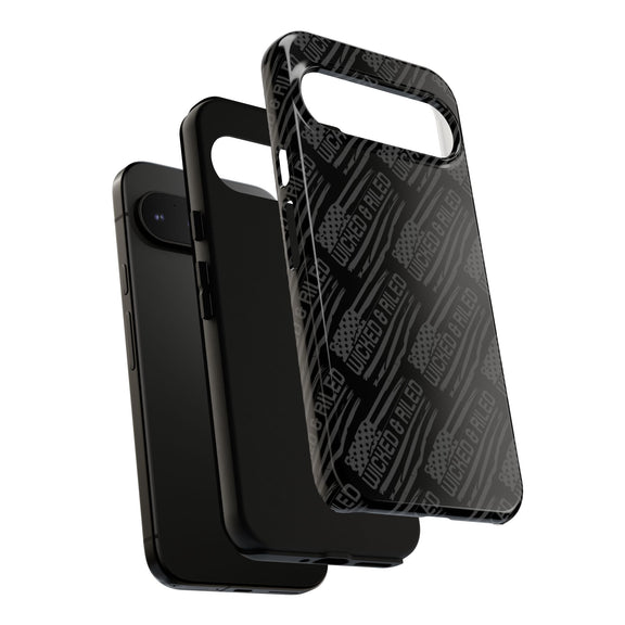 Rugged black protective phone case from Printify featuring a textured "TOUGH CASES" pattern design.