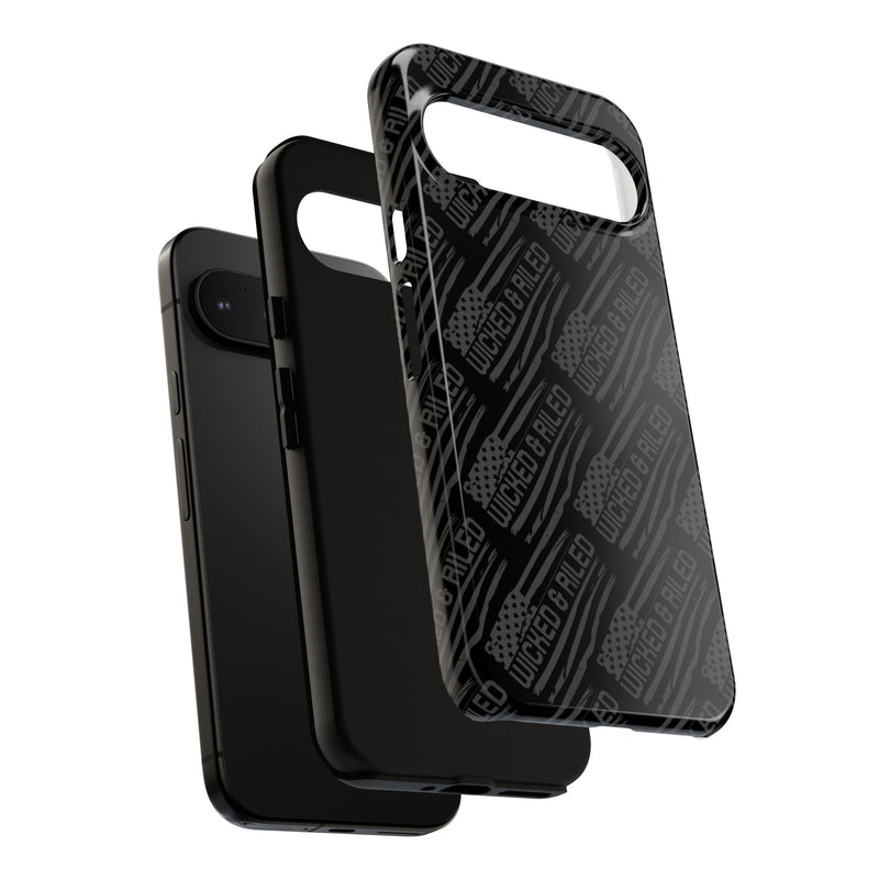 Rugged black protective phone case from Printify featuring a textured "TOUGH CASES" pattern design.