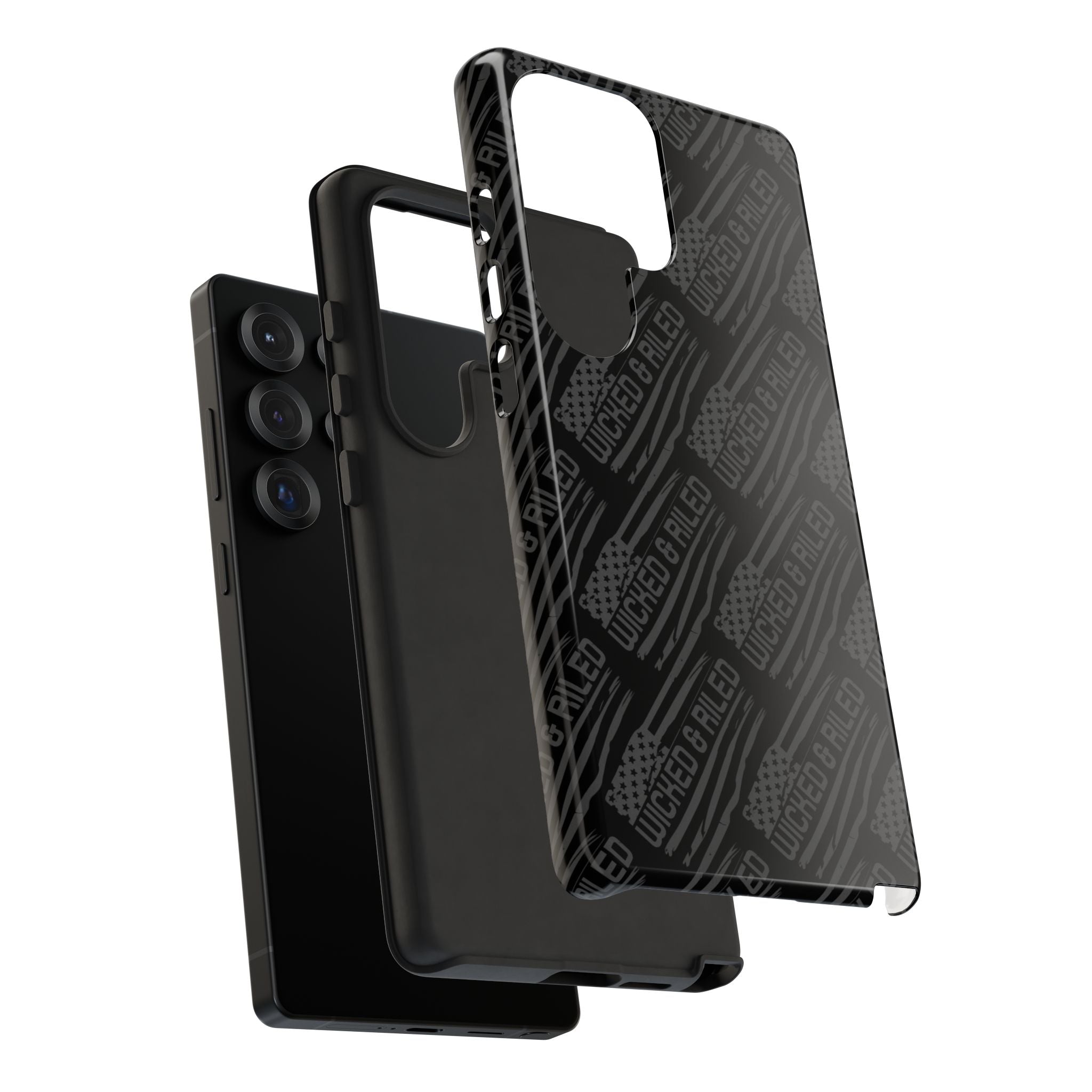 Rugged black protective phone case by Printify with "TOUGH CASES" text pattern, showcasing durability and style.