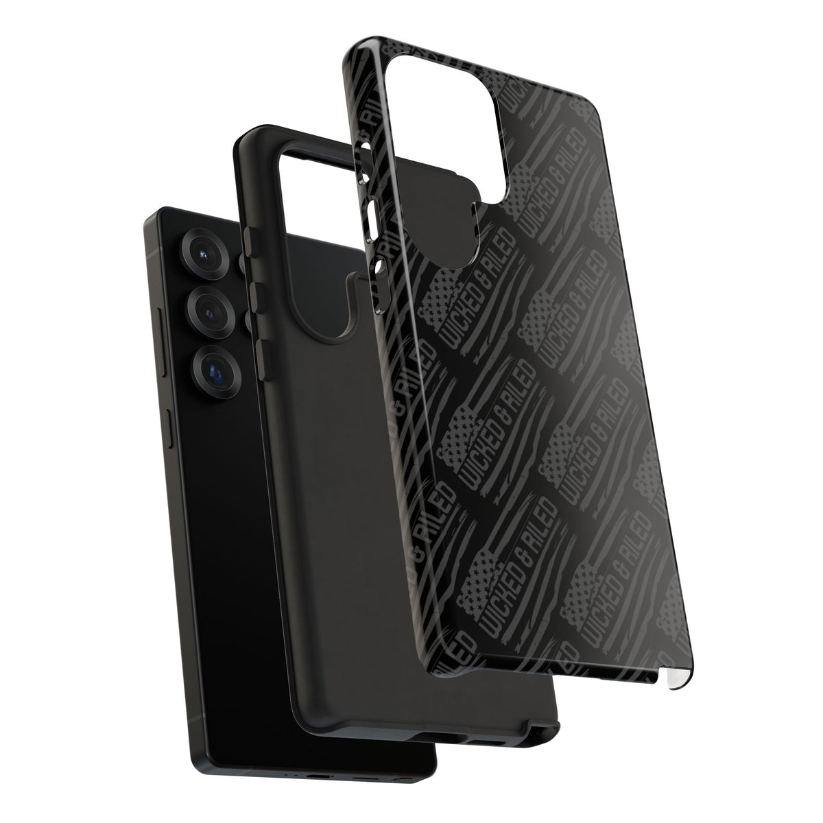 Rugged black protective phone case by Printify with "TOUGH CASES" text pattern, showcasing durability and style.