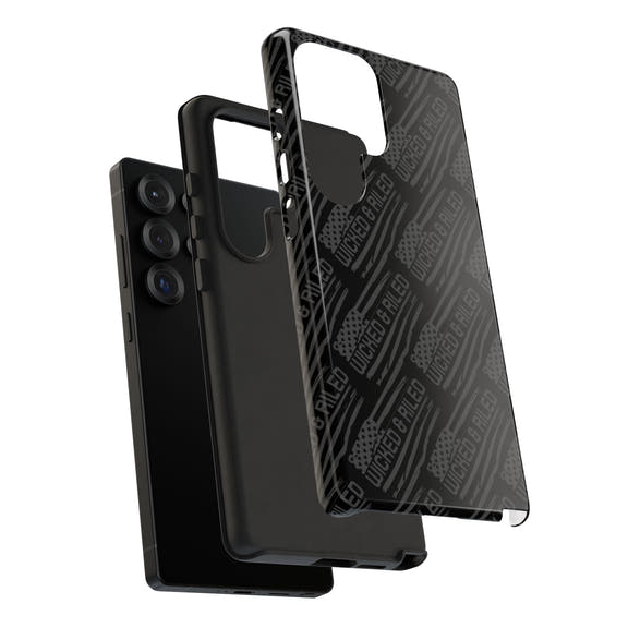 Rugged black protective phone case by Printify with "TOUGH CASES" text pattern, showcasing durability and style.
