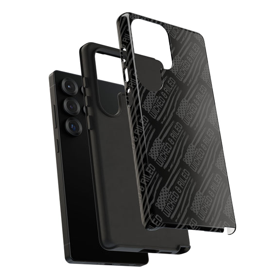 Rugged black protective phone case by Printify with "TOUGH CASES" text pattern, showcasing durability and style.