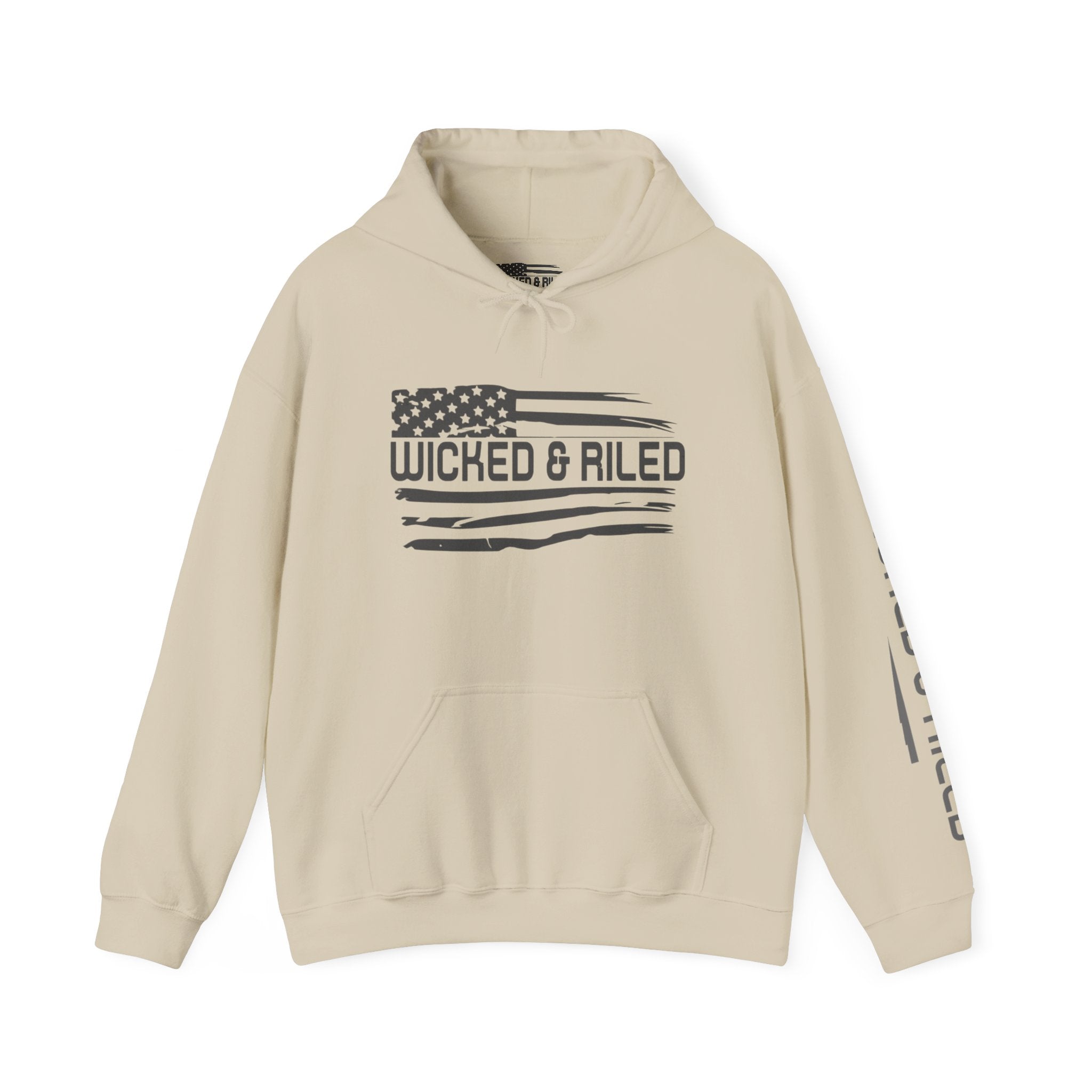 Wicked & Riled Flag Hoodie — Distressed American Logo Pullover