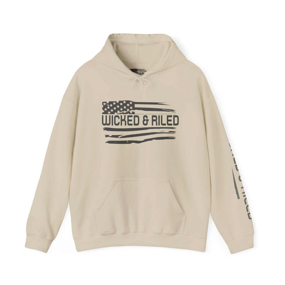 Distressed American logo pullover hoodie by Printify, featuring a relaxed fit and cozy fabric in a casual setting.