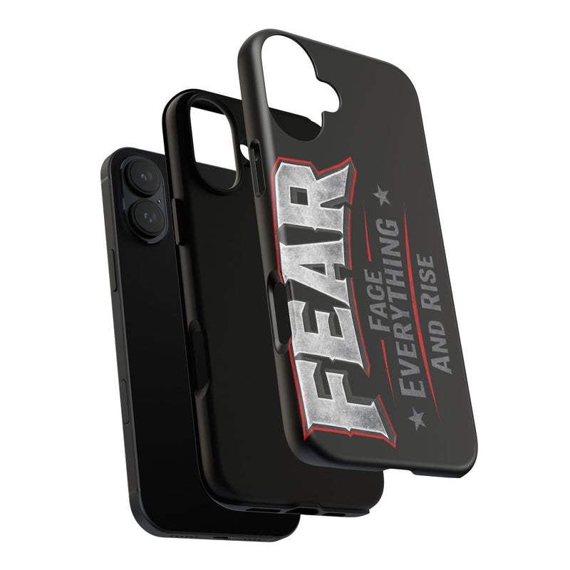 Fear Face Everything and Rise Phone Case by Printify featuring a sleek design with motivational text on a smartphone cover.