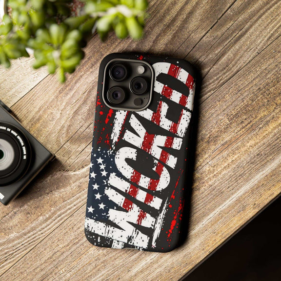 Distressed American flag phone case featuring "VETERAN" graphic by Printify for rugged patriotic protection.
