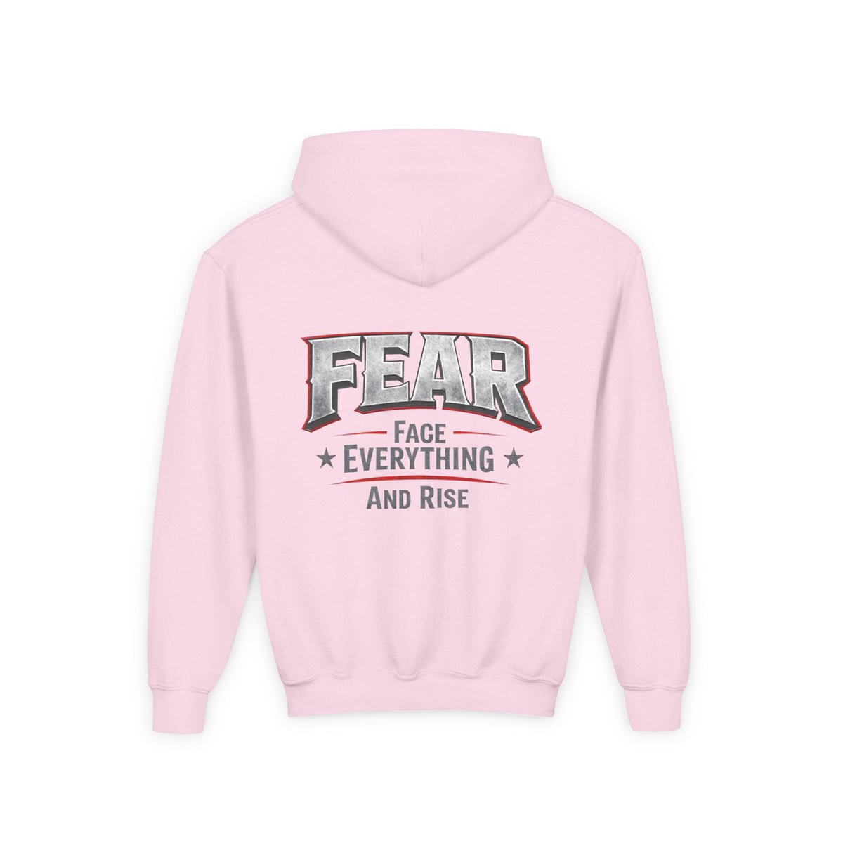 Youth Hoodie Distressed American Flag with 'WR' Front & 'Fear Face Everything And Rise' Motivational Back - Wicked & Riled Clothing