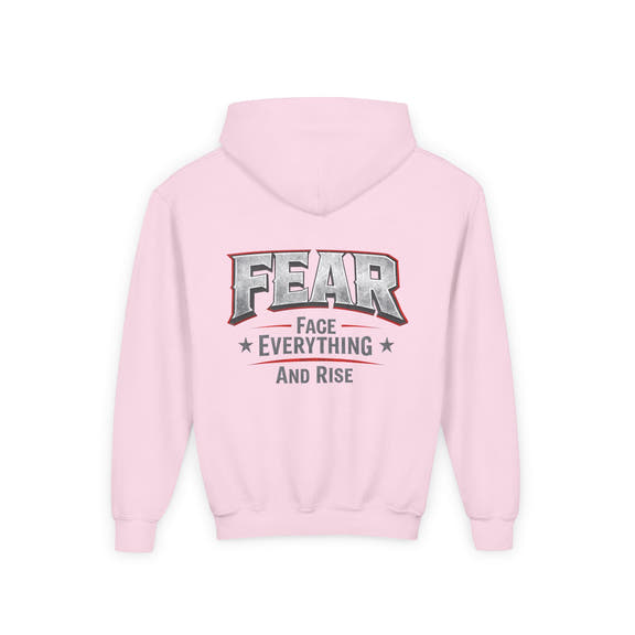 Youth Hoodie Distressed American Flag with 'WR' Front & 'Fear Face Everything And Rise' Motivational Back - Wicked & Riled Clothing