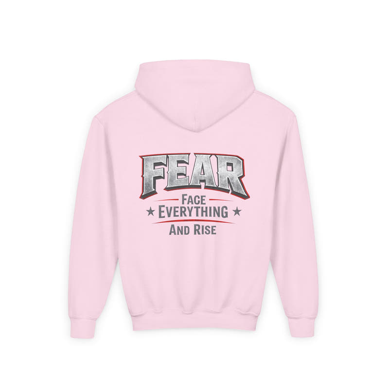 Youth Hoodie Distressed American Flag with 'WR' Front & 'Fear Face Everything And Rise' Motivational Back - Wicked & Riled Clothing