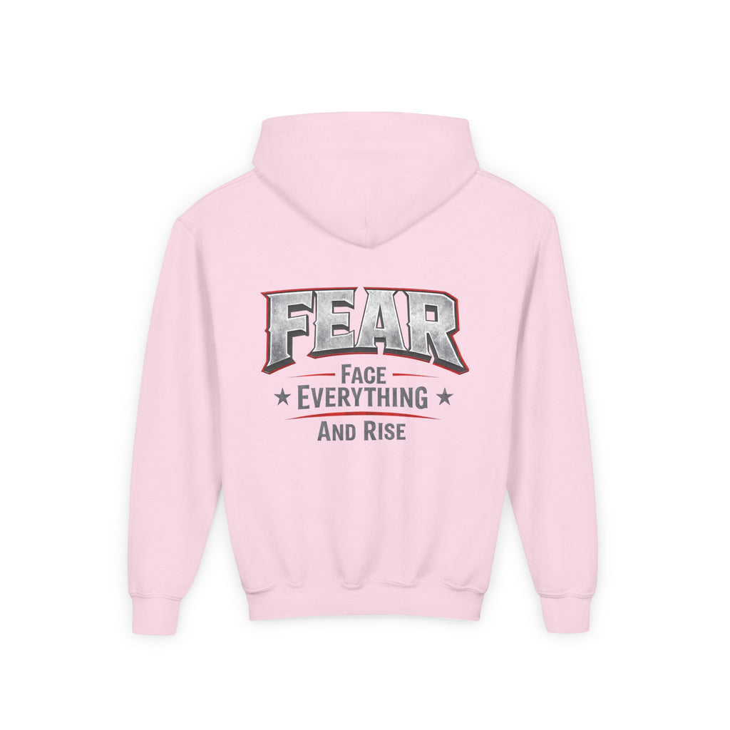 Youth Hoodie Distressed American Flag with 'WR' Front & 'Fear Face Everything And Rise' Motivational Back