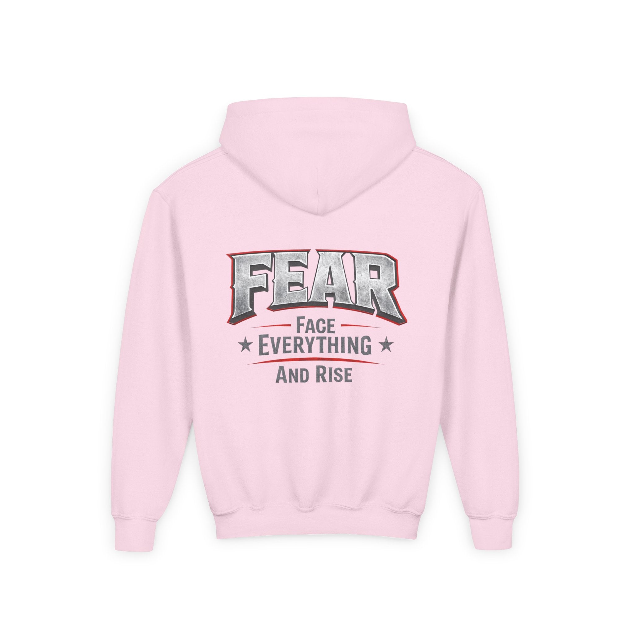 Youth Hoodie Distressed American Flag with 'WR' Front & 'Fear Face Everything And Rise' Motivational Back