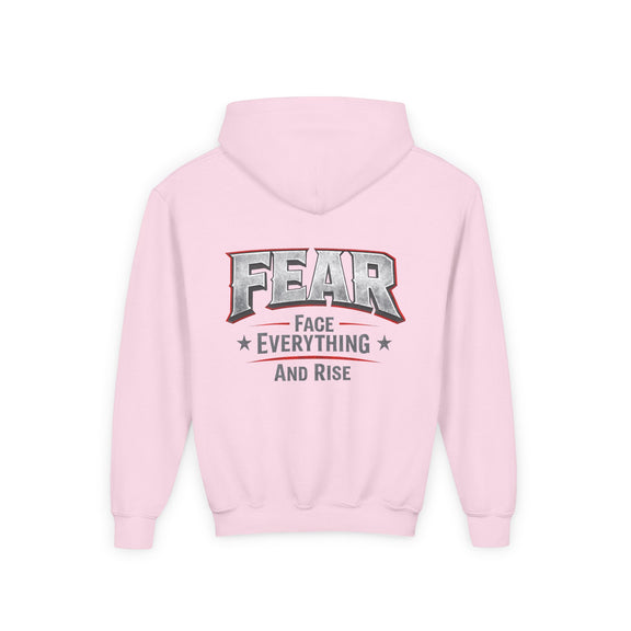 Youth Hoodie Distressed American Flag with 'WR' Front & 'Fear Face Everything And Rise' Motivational Back - Wicked & Riled Clothing