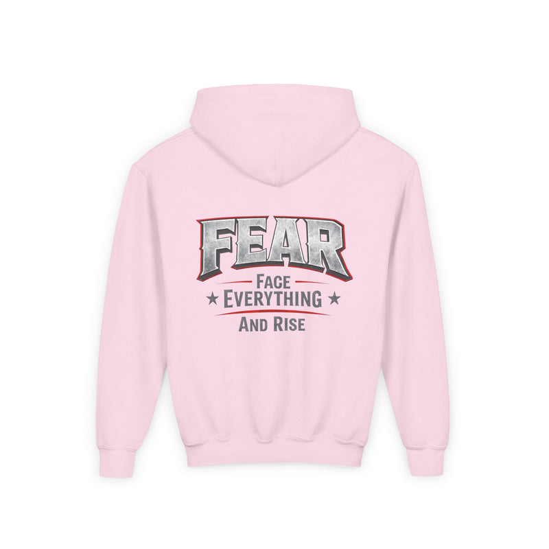 Youth Hoodie Distressed American Flag with 'WR' Front & 'Fear Face Everything And Rise' Motivational Back - Wicked & Riled Clothing