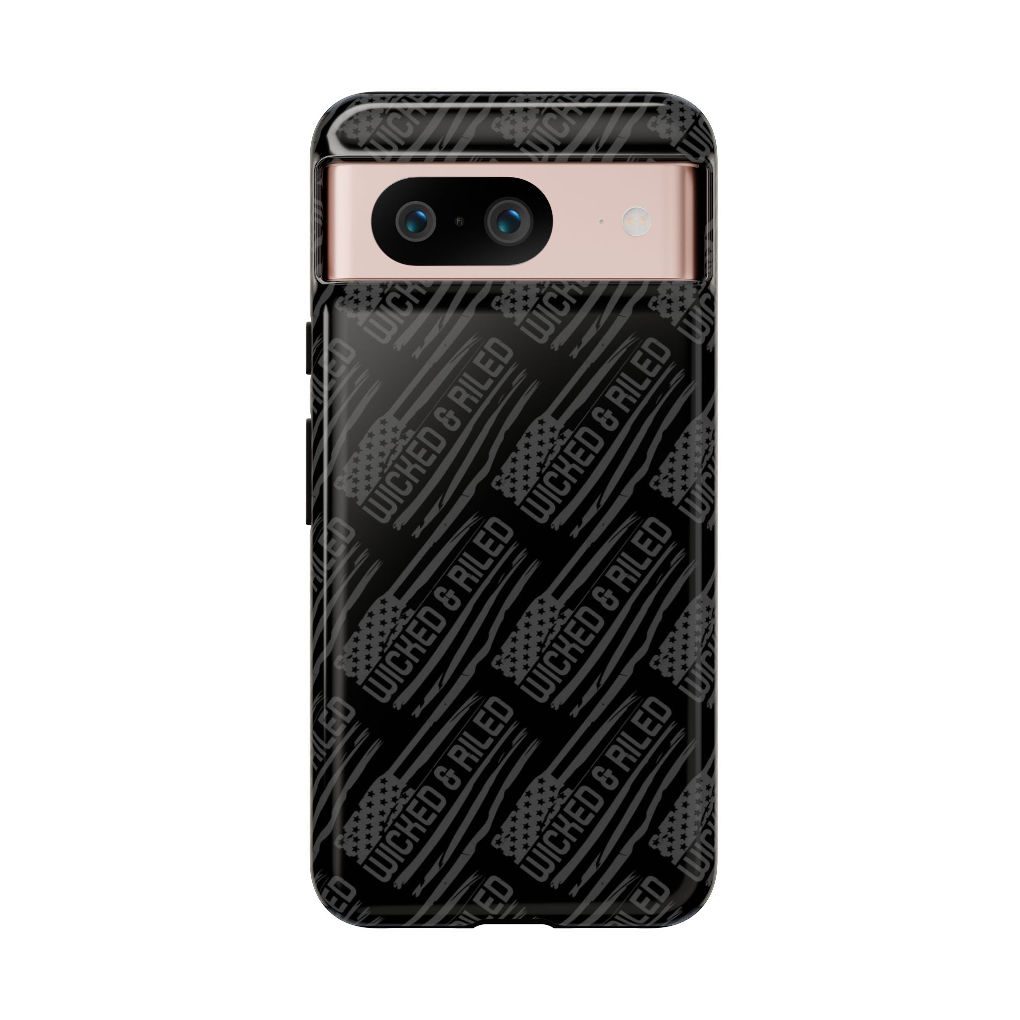 Rugged black protective phone case by Printify with a tough cases text pattern, designed for durability and style.