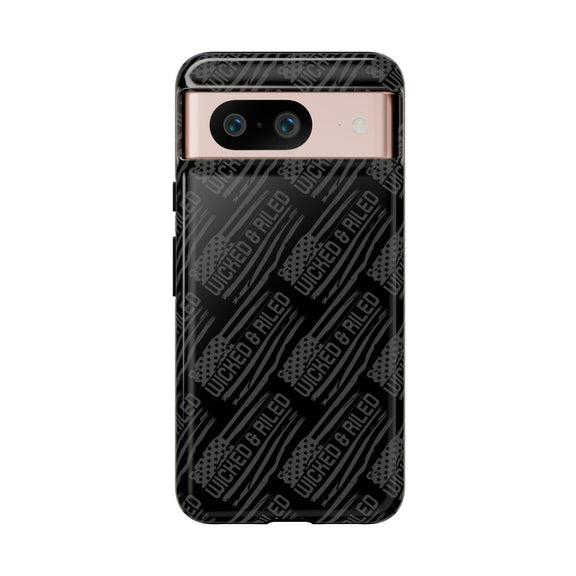 Rugged black protective phone case by Printify with a tough cases text pattern, designed for durability and style.