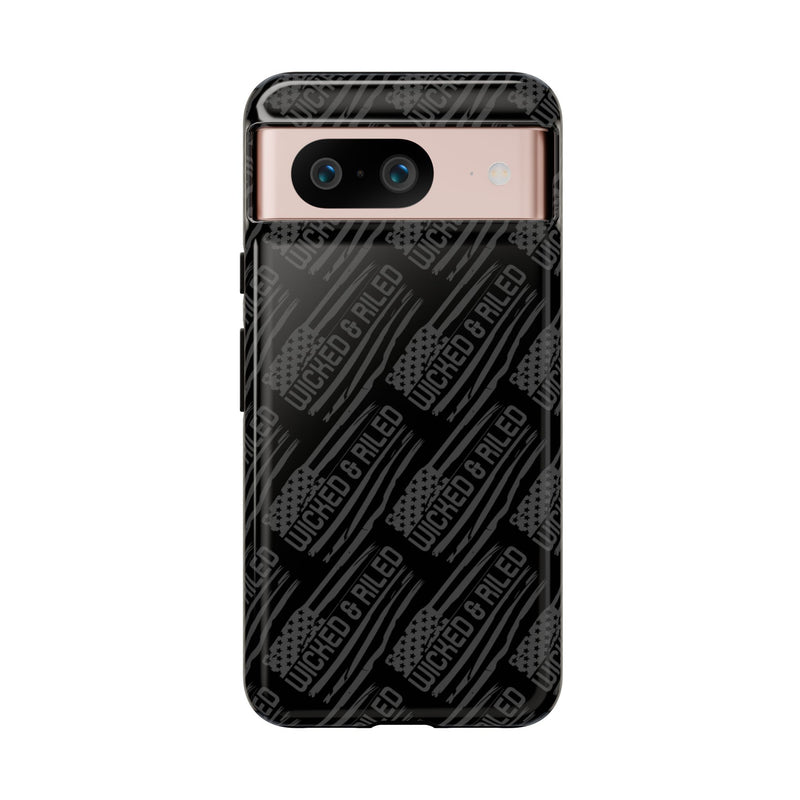 Rugged black protective phone case by Printify with a tough cases text pattern, designed for durability and style.