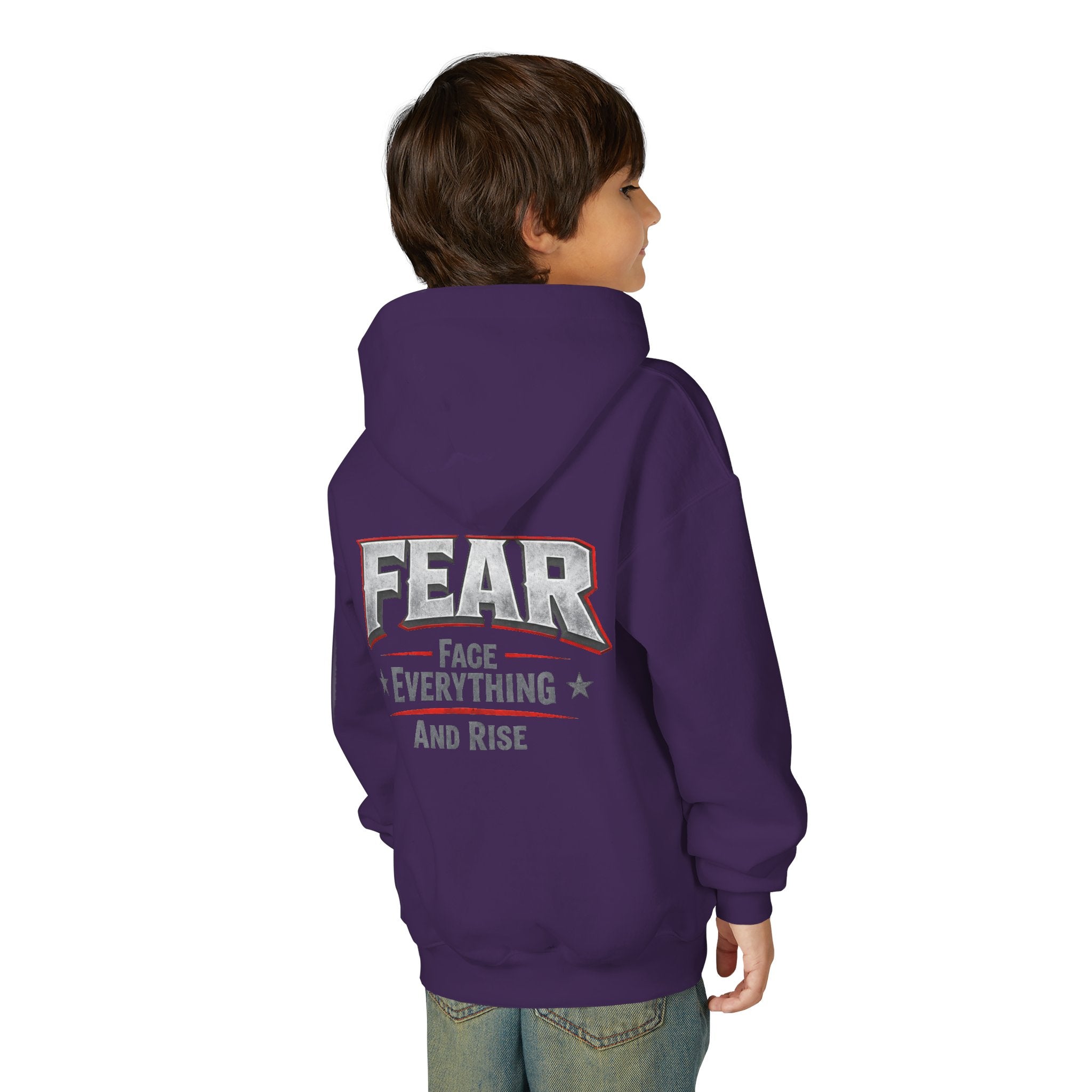 Youth Hoodie Distressed American Flag with 'WR' Front & 'Fear Face Everything And Rise' Motivational Back - Wicked & Riled Clothing