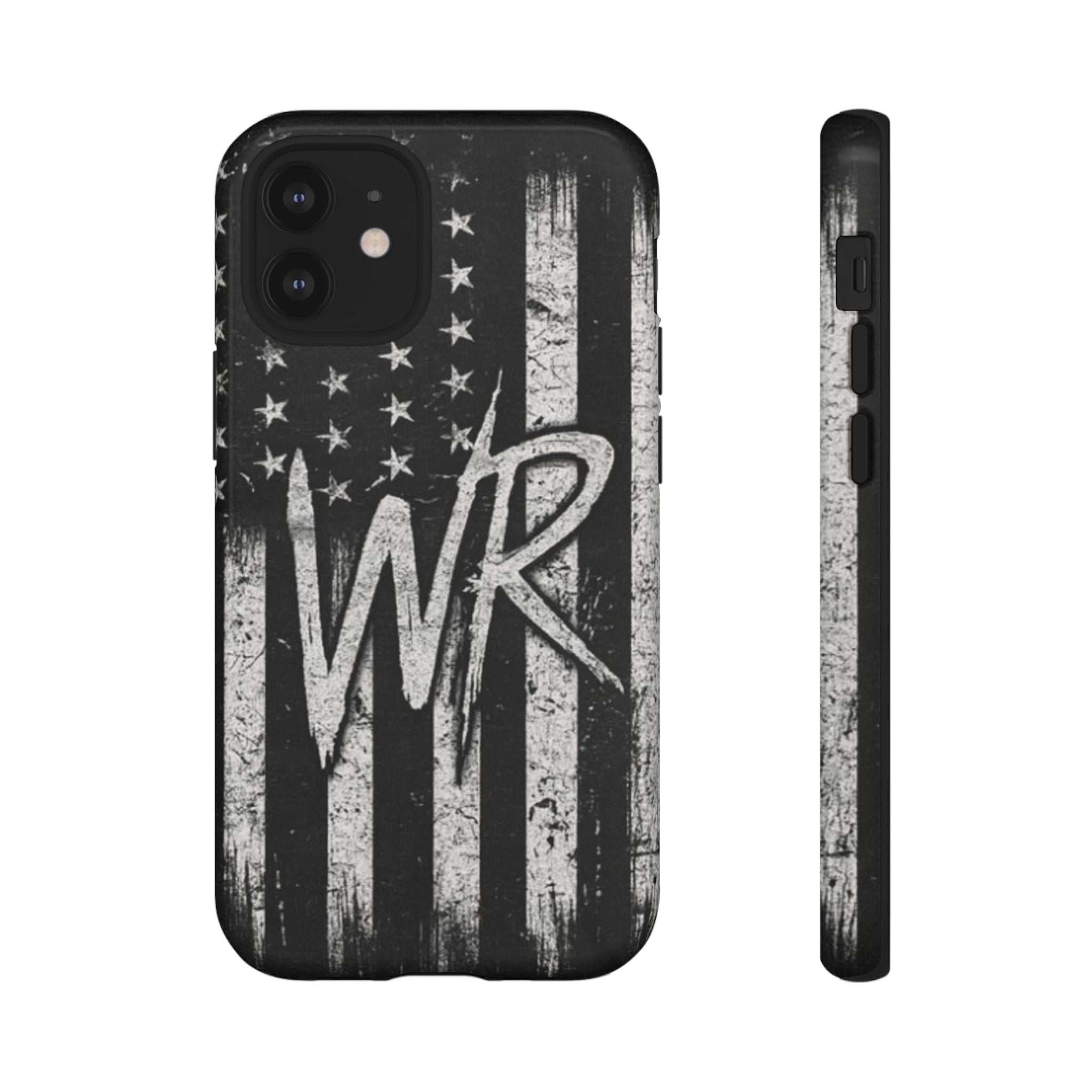 Distressed American flag phone case featuring a patriotic monogram WR by Printify.