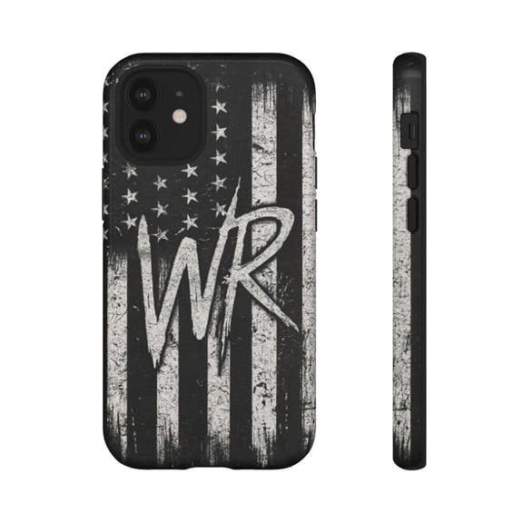 Distressed American flag phone case featuring a patriotic monogram WR by Printify.