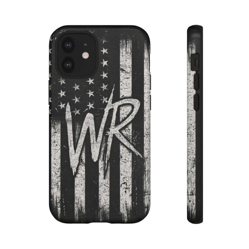 Distressed American flag phone case featuring a patriotic monogram WR by Printify.