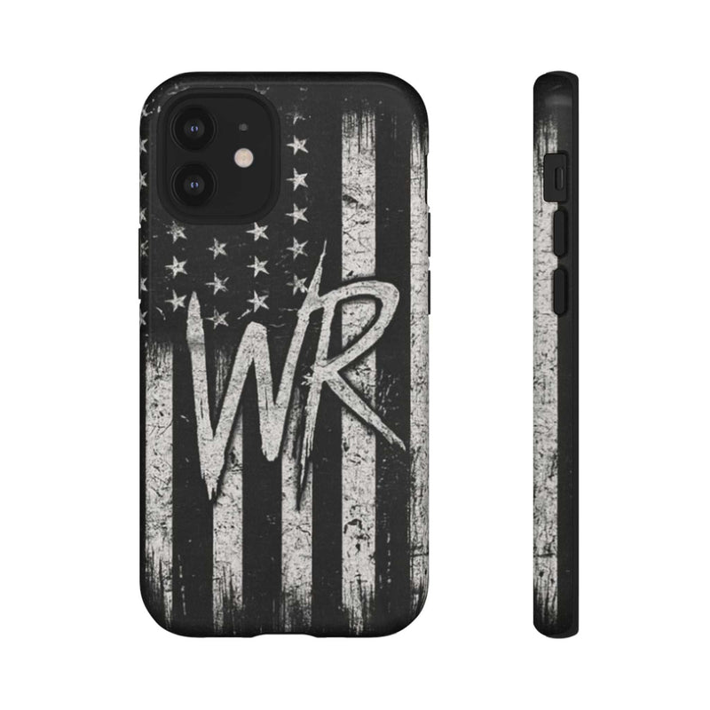 Distressed American flag phone case featuring a patriotic monogram WR by Printify.