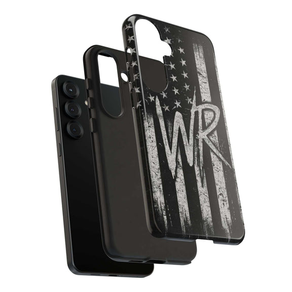 Distressed American flag design on a Patriotic Monogram Tough Phone Case featuring WR by Printify.