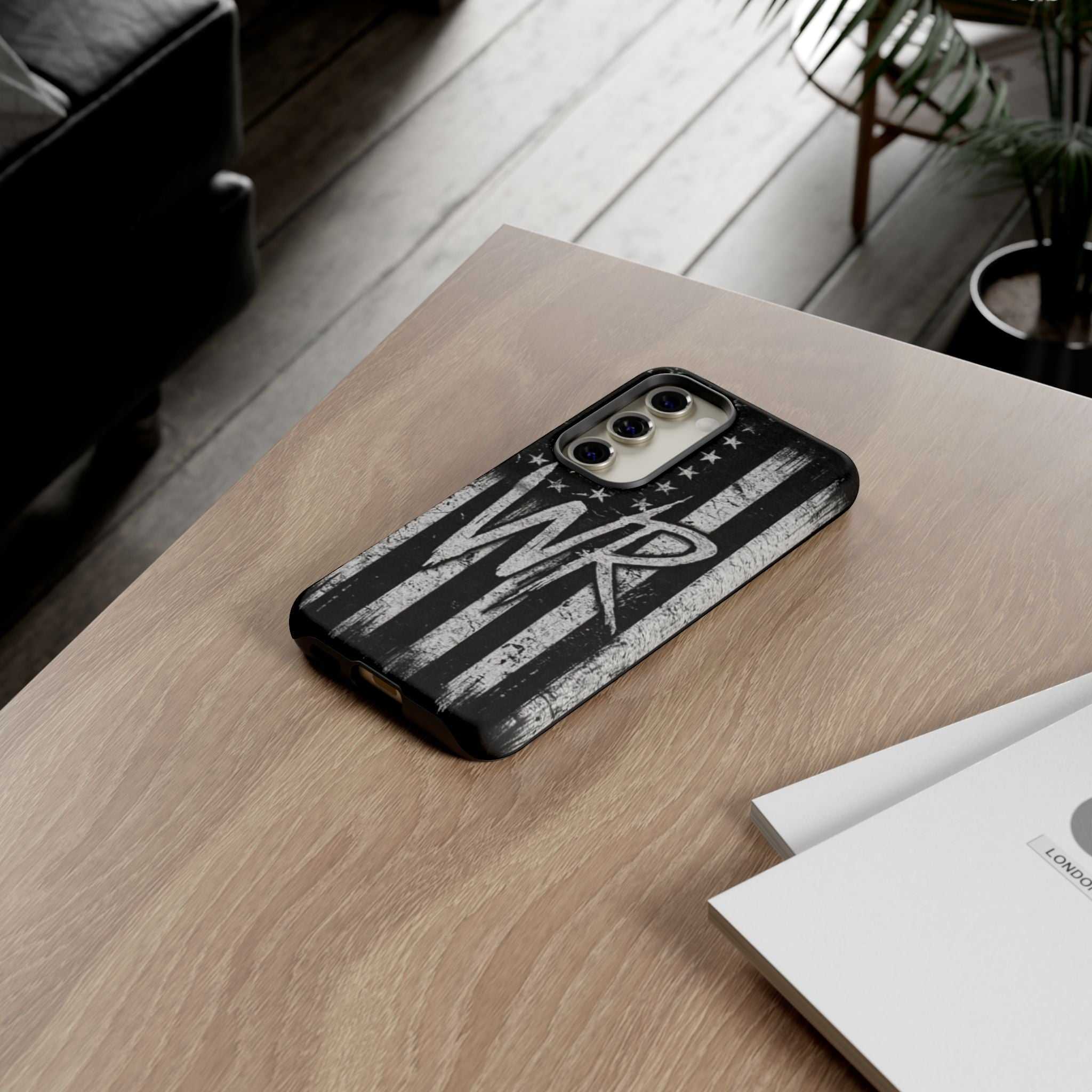 Distressed American flag design on a Patriotic Monogram Tough Phone Case featuring the initials WR by Printify.