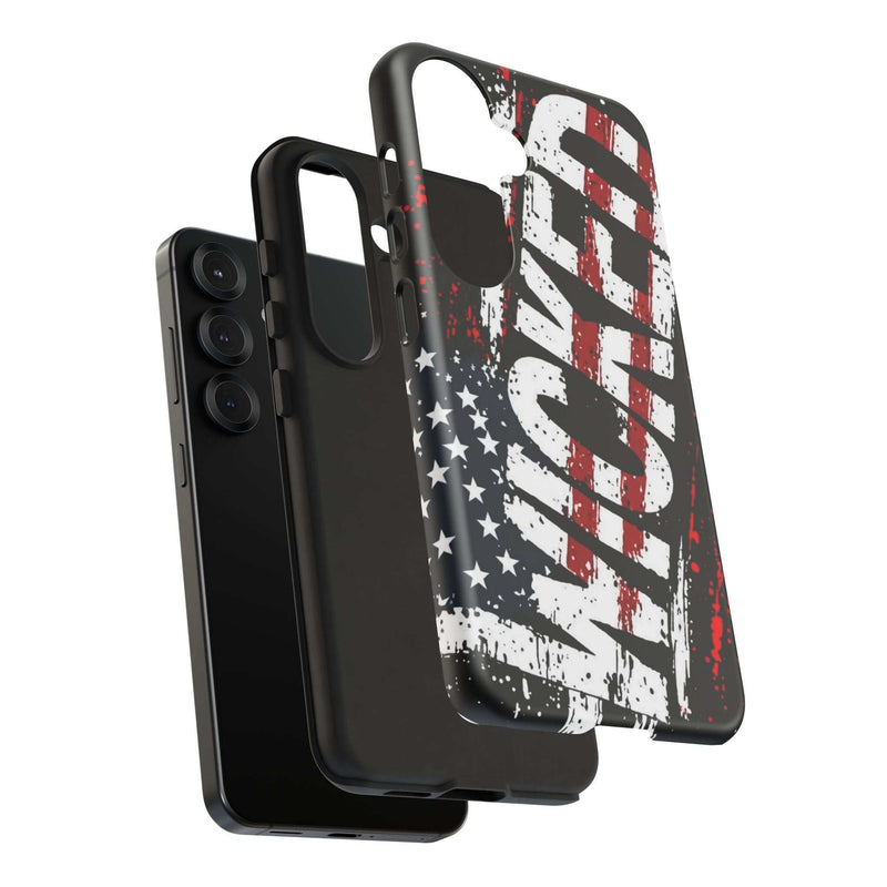 Distressed American flag phone case with "VETERAN" graphic by Printify, showcasing rugged patriotic design and protection.
