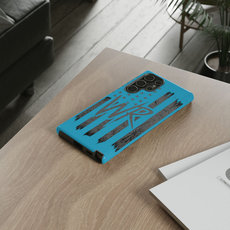 Patriotic blue flag tough phone case by Printify featuring a bold 'WR' design and durable protection for smartphones.